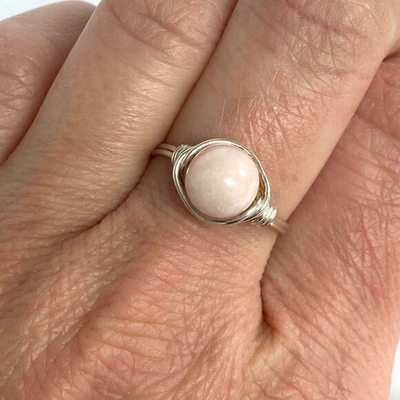 Sterling Silver Wire Wrapped 8MM Pink Rose Quartz Bead Ring Size 6.75 - Picture 8 of 16